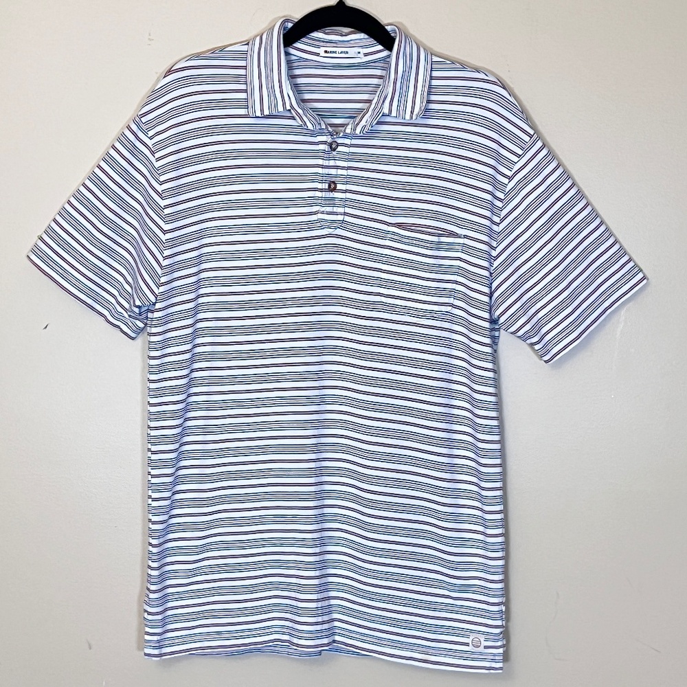 Marine Layer Short Sleeve Stripe Cotton Polo Shirt - Men's Size M - Cream